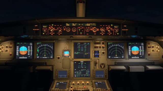 Detailed View of a Modern Commercial Aircraft Cockpit Flight Deck.