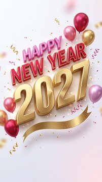 A festive and elegant Happy New Year 2027 celebration card featuring 3D gold typography, colorful balloons, and sparkling golden ribbon streamers on a soft white background.