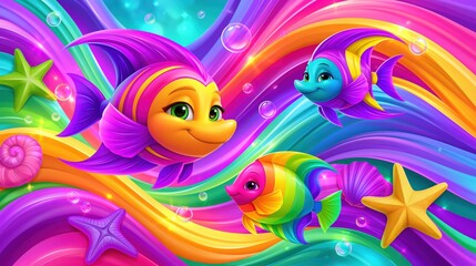 Fototapeta premium Cartoon fish swim through a vibrant rainbow aquatic environment with shells and stars.
