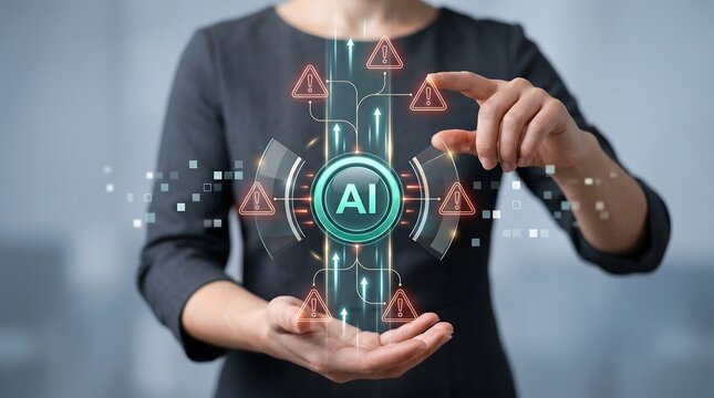 Businesswoman interacting with artificial intelligence digital interface featuring warning icons and data flow visualization representing cybersecurity risks or algorithmic errors in software