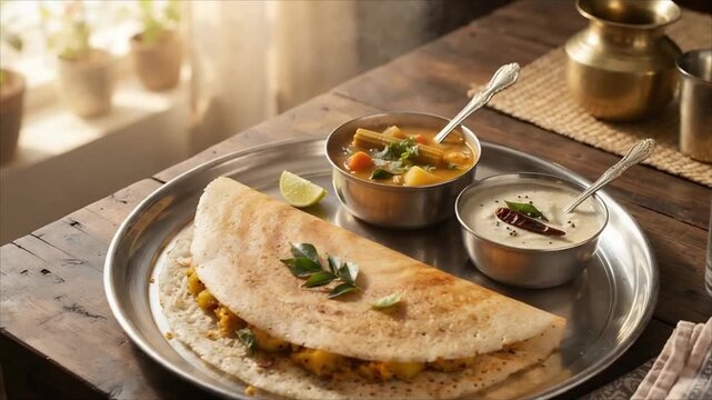South Indian masala dosa served with sambar and coconut chutney. Traditional vegetarian cuisine and breakfast meal.