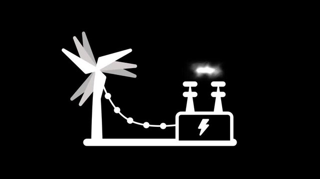 A large wind turbine is connected to a power substation which converts the kinetic energy from wind into usable electricity for the general grid