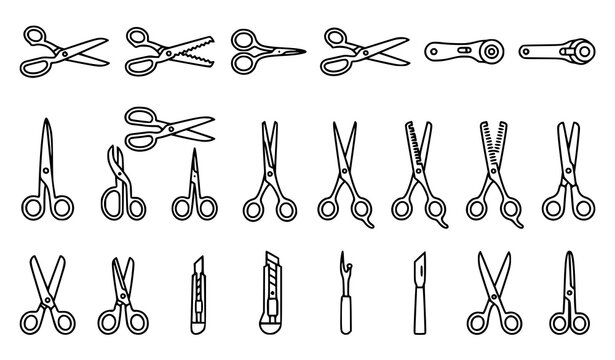 Crafting and tailoring cutting tools icon set with different scissors shears rotary cutter and hobby knife outlines for creative design projects line art