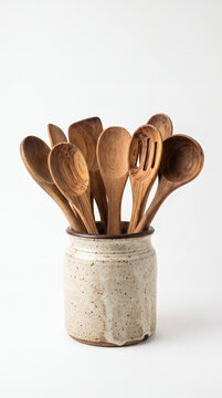 Stoneware crock holding wooden cooking spoons isolated on white