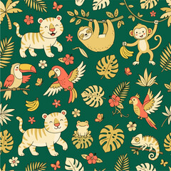 Obraz premium Colorful jungle animals and tropical leaves seamless pattern