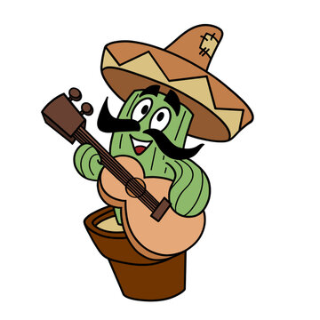 Cute mariachi cactus character wearing sombrero hat with mustache playing acoustic guitar in a flower pot, vector illustration of funny Mexican plant mascot isolated on white background.