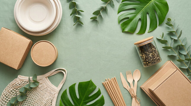 Eco friendly biodegradable packaging like cardboard boxes, wooden cutlery, and generated using ai