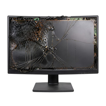 Destroyed and burned computer monitor screen showing severe fire damage and cracks isolated on white background