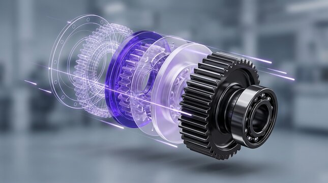 Futuristic mechanical gear assembly featuring glowing blue light energy lines and intricate wireframe schematics in a high tech industrial setting representing advanced manufacturing innovation