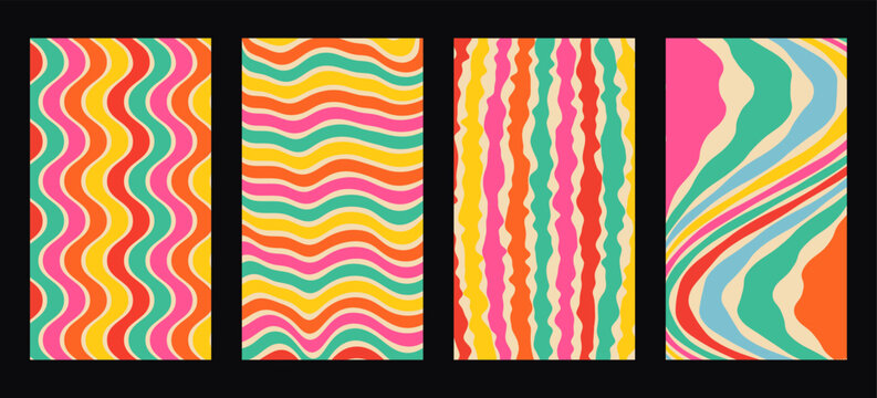 Set of Four 60s and 70s Style Retro Colorful Wavy Graphic Design Templates with Groovy Liquid Striped Artwork Layouts