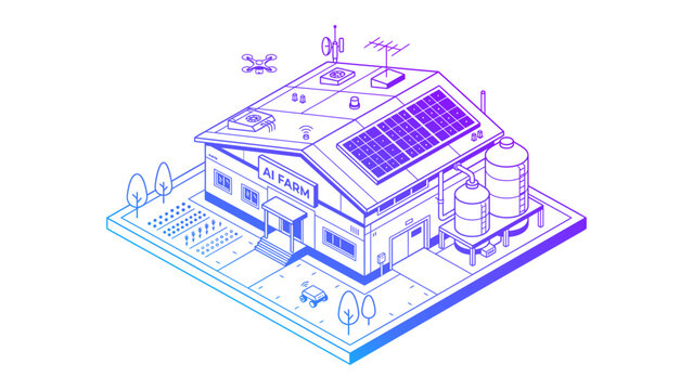 Visualize innovative agricultural technology with a sustainable farm building powered by solar energy and monitored by a small aerial drone for enhanced crop management and smart farming