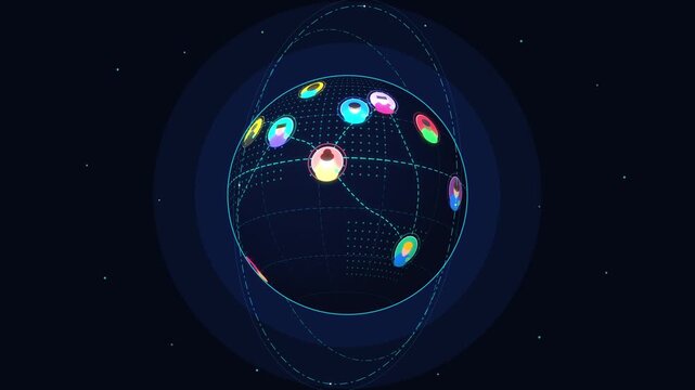 Pixel art animation of rotating globe with connected neon avatars loop