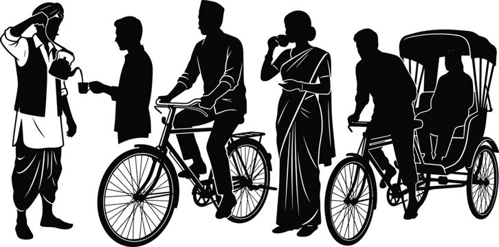Black silhouette vector illustration set of South Asian street life including tea vendor cyclist and rickshaw passenger