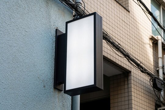 Blank white vertical street sign mock-up on urban building wall. Empty signboard hangs near electrical wires, brick facade in city. Rectangular light box frame for advertising message brand logo in