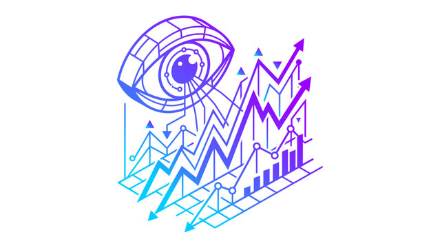 Abstract geometric representation of a cybernetic eye overseeing upward trending financial market charts and data analytics graphs showcasing business growth and investment strategy insights