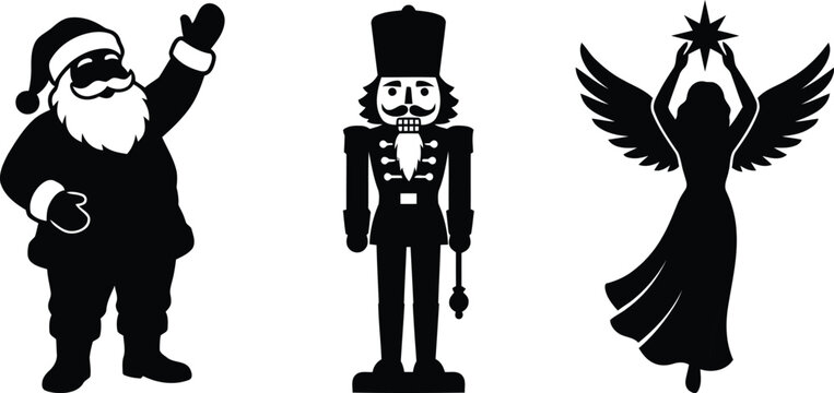 Silhouette icons of Santa Claus, nutcracker soldier, and angel holding star representing traditional Christmas holiday decorations and festive themes