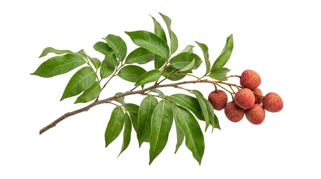 Lychee branch with red textured fruit and vibrant green leaves isolated on white