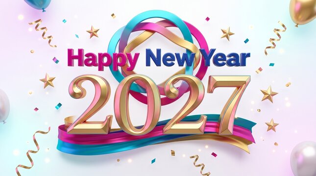 Vibrant and Festive Happy New Year 2027 Celebration Background with 3D Gold Typography, Colorful Ribbons, Sparkling Confetti, and Elegant Stars on a Soft Pastel Gradient backdrop
