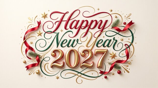 Elegant Happy New Year 2027 greeting card design with artistic calligraphic lettering, ornate swirls, festive red ribbons, and golden 3D typography on a clean, light cream background.