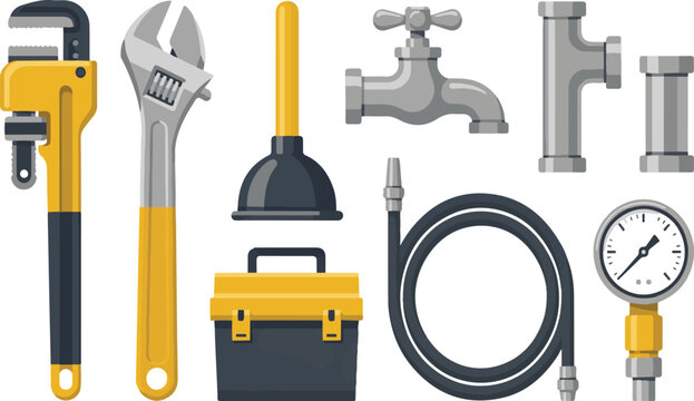 Set of plumbing tools, including wrenches, plunger, toolbox, water tap, pipes, hose, and pressure gauge.