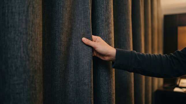 woman hotel room safety concept. Hand pulling aside dark textured curtains in a dimly lit room.
