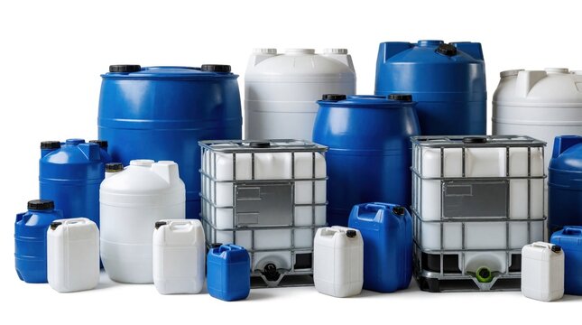 Collection of different industrial plastic water storage tanks on white background. Various blue, white polyethylene containers, large IBC totes with metal cages, small jerrycans for liquid supply.