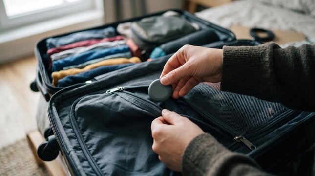 woman hotel room safety concept. Person packing clothes and placing a small container into a suitcase.