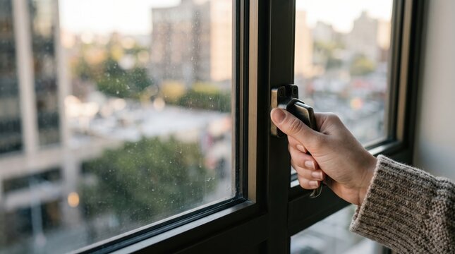 woman hotel room safety concept. Hand opening a window to let fresh air into a room with a city view.