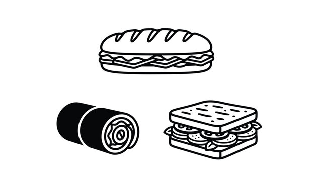 Collection of detailed hand drawn sandwiches and burgers with toothpicks