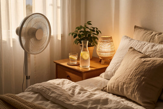 White electric fan cools bedroom during hot summer night. Bedside table carafe with lemon water, glass for hydration. Cozy interior with warm lamp light, comfortable pillows, linen bedding, green