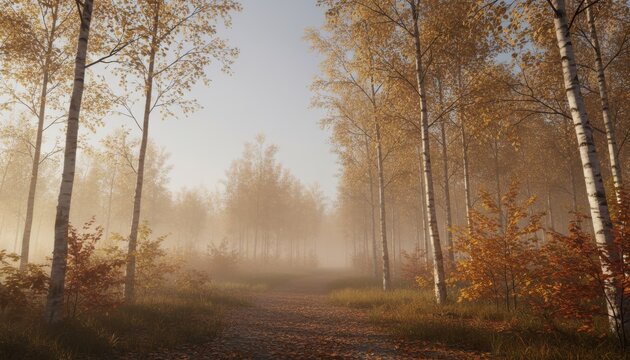 Misty Autumn Forest Banner with Golden Leaves and Clear Sky