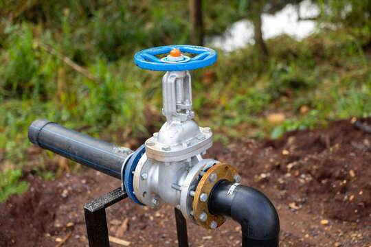 Industrial water valve and pipe assembly outdoors amid soil and woodland vegetation, featuring blue handwheel, metal flange, black curved conduit, and exposed infrastructure for utility