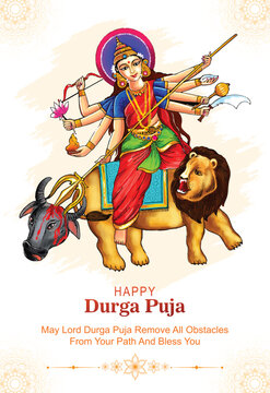 Goddess durga face in happy durga puja subh navratri card poster template design