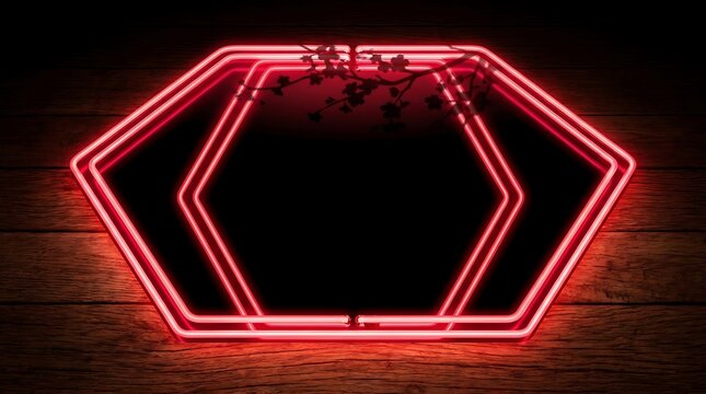 Glowing red neon hexagon frame on wooden background for text placeholder