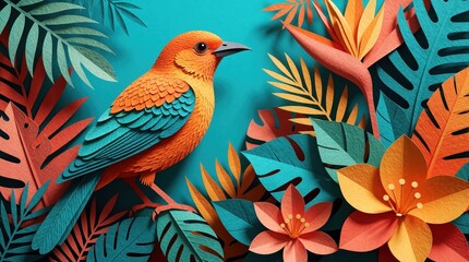 Obraz premium Vibrant paper cutout illustration of orange bird in tropical jungle. Colorful layered paper art shows exotic bird among bright flowers, green palm leaves. Creative craft style design features