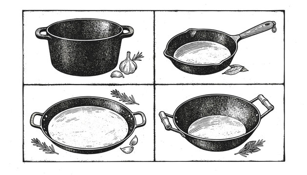 Set of four black cast iron cooking pans and pots with textured finish