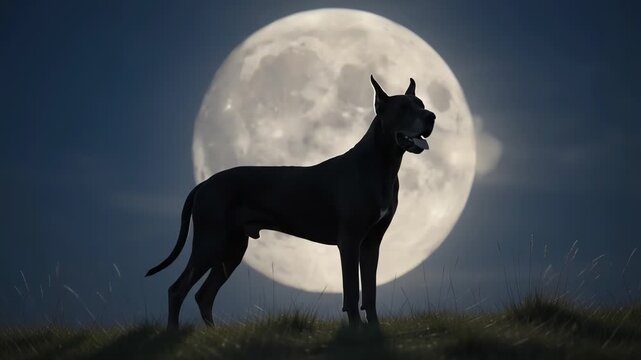 Silhouette of a Great Dane Dog Against a Giant Full Moon