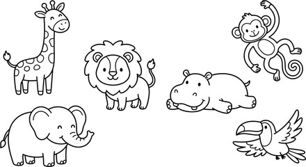 Obraz premium Cute Cartoon Jungle Safari Animals Line Art Vector Set for Kids Coloring Pages and Education Designs