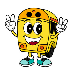 Cute school bus character posing peace sign in retro rubber hose cartoon style, yellow school bus mascot with sneakers and white gloves vector illustration isolated on white background. © Doodle Projects