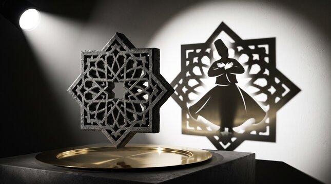 Sufi Whirling Dervish Art - Eight Point Islamic Star Pattern with Rumi Mystic Dance Shadow Projection for Spiritual Meditation Background