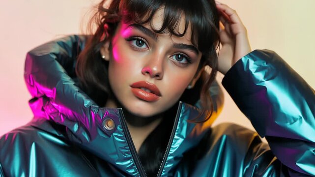 Fashion portrait of a woman wearing a metallic iridescent down jacket in vibrant studio lighting. Generated AI