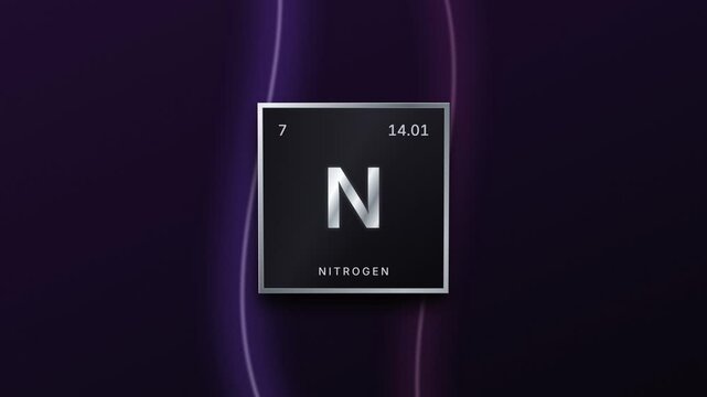 Nitrogen element periodic table silver plaque on a purple background