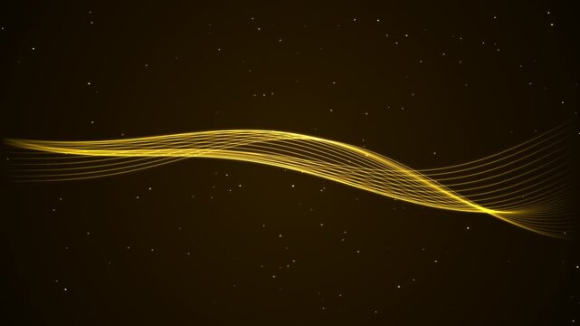 A slow-motion, seamless 10-second loop of elegant golden wave lines with abstract particles blowing dynamically from left to right. Employs a linear life-cycle physics system with sine-based opacity e