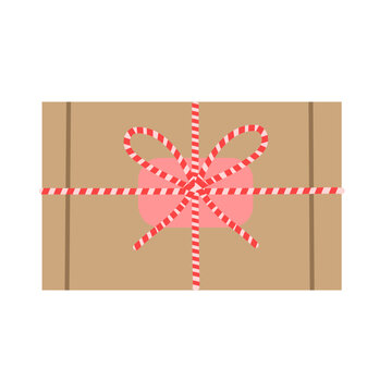 Brown kraft gift box with string and pink heart crayon style vector illustration. Hand drawn parcel present clipart isolated.