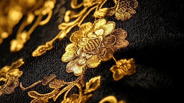 sewing. Luxurious fabric with intricate gold embroidery showcases opulence against a rich, dark background. lifestyle magazines.