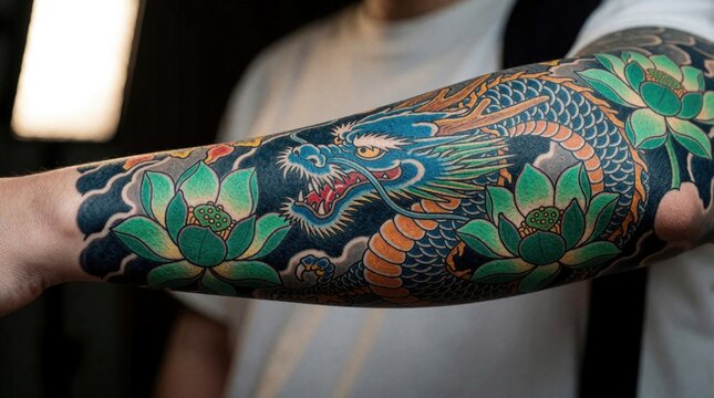 Artist shows colorful Japanese tattoo sleeve on man forearm. Detailed dragon, lotus flower design with vivid ink. Professional body art with traditional irezumi style in tattoo studio. Close up view