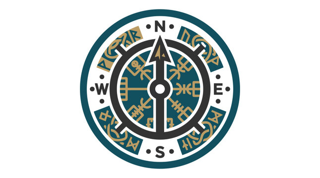 Circular compass design with directional letters and ancient runic symbols