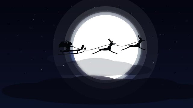 Pixel art Santa sleigh flying across full moon night sky loop animation