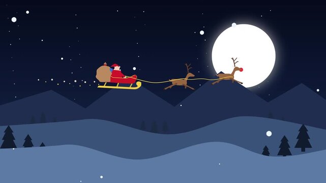 Pixel art santa sleigh animation flying over snowy mountains at night