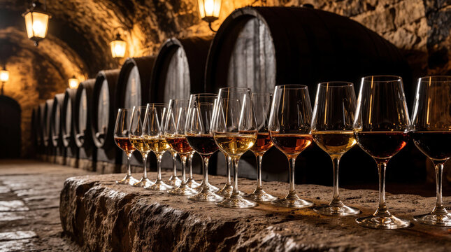 Lineup of sherry wine tasting glasses on stone ledge in traditional Jerez cellar. Row of crystal stemware contains different alcoholic beverages. Large wooden wine barrels line dark underground